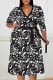 Black Casual Floral Print Splashed ink printing Lace Up Contrast V Neck Printed Plus Size Dresses