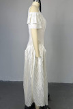 White Elegant Solid Color Patchwork Backless Zipper Pleated Ruffled Trim U Neck A Line Dresses
