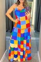 Multicolor Sexy Colorblock Patchwork Backless Contrast Spaghetti Strap Sling Dresses