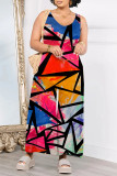 White Blue Red Casual Geometric Print Pocket Contrast O Neck Loose Jumpsuits