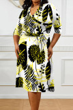 Pink Casual Floral Print Splashed ink printing Lace Up Contrast V Neck Printed Plus Size Dresses