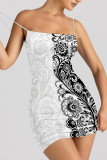 Black And White Sexy Floral Print Love Print Contrast Sling Dresses