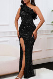 Rose Red Sexy Solid Color Sequins Patchwork Backless High Slit Oblique Collar Long Dresses
