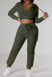 Army Green Casual Solid Color Draw String Pocket Patchwork Zipper Zipper Collar Long Sleeve Two Pieces