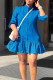 Blue Casual Solid Color Pocket Buckle Patchwork Ruffled Trim Turndown Collar A Line Dresses