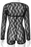 Black Sexy Solid Color Lace Patchwork See-Through Spaghetti Strap Long Sleeve Two Pieces