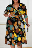 Pink Casual Floral Print Splashed ink printing Lace Up Contrast V Neck Printed Plus Size Dresses