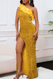 Rose Red Sexy Solid Color Sequins Patchwork Backless High Slit Oblique Collar Long Dresses