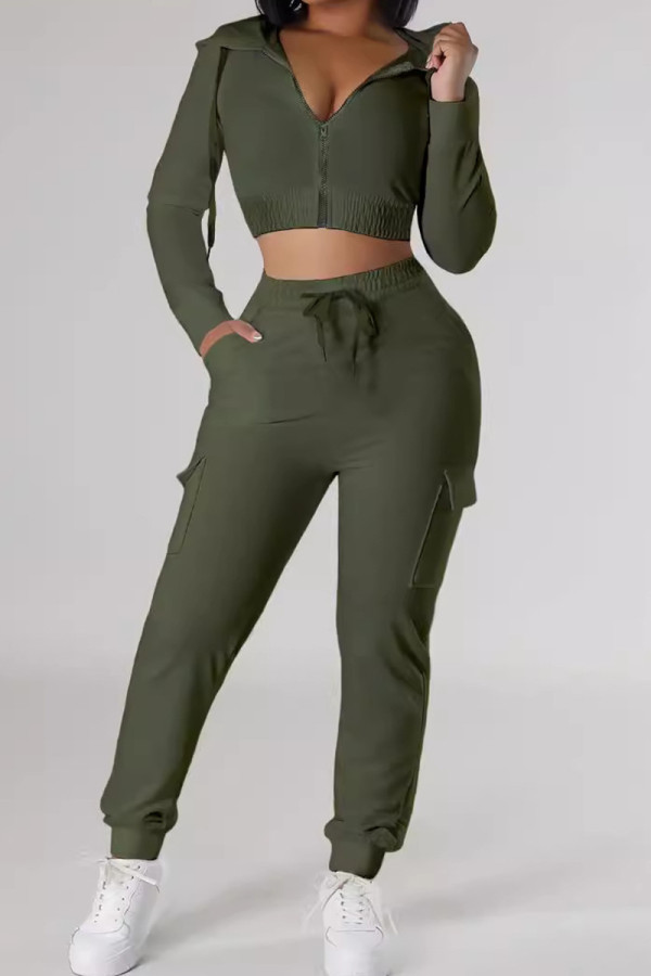 Army Green Casual Solid Color Draw String Pocket Patchwork Zipper Zipper Collar Long Sleeve Two Pieces