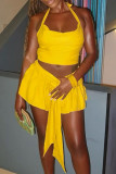 Yellow Sexy Solid Color Patchwork Backless Ruched Strap Design Halter Sleeveless Two Pieces