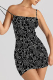 Black And White Sexy Floral Print Love Print Contrast Sling Dresses