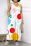 White Blue Red Casual Geometric Print Pocket Contrast O Neck Loose Jumpsuits