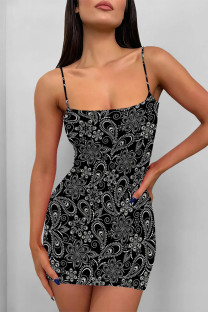 Black Sexy Floral Print Love Print Contrast Sling Dresses