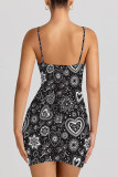 Black And White Sexy Floral Print Love Print Contrast Sling Dresses