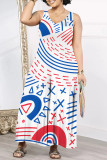 White Blue Red Casual Geometric Print Pocket Contrast O Neck Loose Jumpsuits