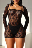 Black Sexy Solid Color Lace Patchwork See-Through Spaghetti Strap Long Sleeve Two Pieces