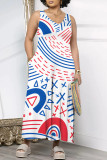 White Blue Red Casual Geometric Print Pocket Contrast O Neck Loose Jumpsuits