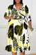 Black Yellow Casual Floral Print Splashed ink printing Lace Up Contrast V Neck Printed Plus Size Dresses