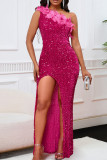 Rose Red Sexy Solid Color Sequins Patchwork Backless High Slit Oblique Collar Long Dresses