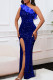 Royal Blue Sexy Solid Color Sequins Patchwork Backless High Slit Oblique Collar Long Dresses