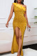 Gold Sexy Solid Color Sequins Patchwork Backless High Slit Oblique Collar Long Dresses