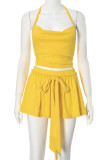 Yellow Sexy Solid Color Patchwork Backless Ruched Strap Design Halter Sleeveless Two Pieces