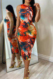 Multicolor Sexy Print Patchwork Slit O Neck Wrapped Skirt Dresses