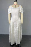 White Elegant Solid Color Patchwork Backless Zipper Pleated Ruffled Trim U Neck A Line Dresses
