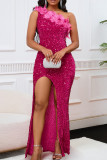 Rose Red Sexy Solid Color Sequins Patchwork Backless High Slit Oblique Collar Long Dresses