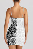 Black And White Sexy Floral Print Love Print Contrast Sling Dresses