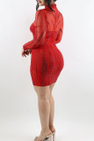 Red Sexy Solid Color Patchwork See-Through Hot Drill Zipper Half A Turtleneck Wrapped Skirt Dresses