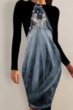 Black Yellow Sexy Print Patchwork O Neck Wrapped Skirt Dresses