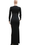 White Sexy Solid Color Hollow Out Patchwork See-Through High Slit O Neck Long Dresses