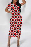Red Street Geometric Print Patchwork O Neck Wrapped Skirt Dresses