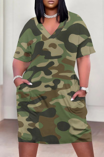 Green Casual Camouflage Print Pocket Contrast V Neck Printed Plus Size Dresses