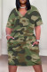 Green Casual Camouflage Print Pocket Contrast V Neck Printed Plus Size Dresses