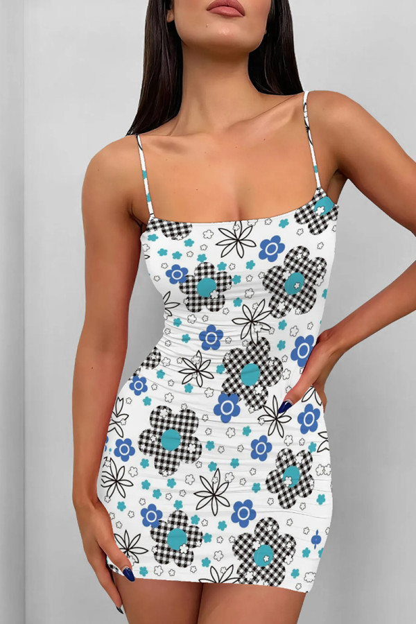 White Sexy Print Patchwork Backless Spaghetti Strap Sling Dresses