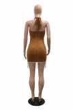 Deep Coffee Sexy Patchwork Hot Drilling Fringed Trim Backless Belted Halter Wrapped Skirt Dresses