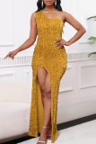 Yellow Sexy Solid Color Sequins Backless High Slit Oblique Collar Long Dresses