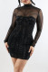 Black Sexy Solid Color Patchwork See-Through Hot Drill Zipper Half A Turtleneck Wrapped Skirt Dresses