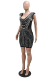 Black Sexy Patchwork Hot Drilling Backless Deep V Neck Wrapped Skirt Dresses