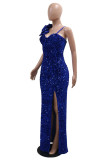 Blue Sexy Solid Color Sequins Patchwork Backless High Slit Spaghetti Strap Sling Dresses