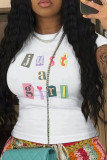 White Casual Print Patchwork O Neck T-Shirts
