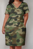 Pink Casual Camouflage Print Pocket Contrast V Neck Printed Plus Size Dresses