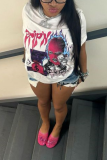 White Casual Street Cartoon Print Letter Print O Neck T-Shirts