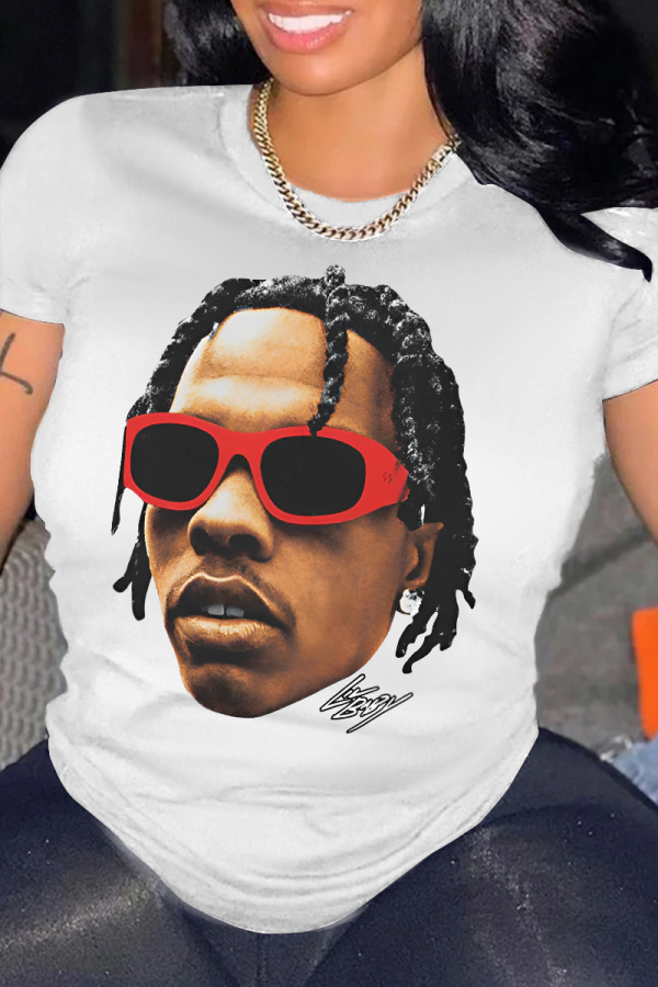 White Casual Street Figure Print O Neck T-Shirts
