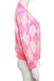 Pink Casual Plaid Buttons Patchwork V Neck Long Sleeve Two Pieces