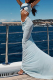 Light Blue Elegant Solid Color Hollow Out Patchwork O Neck Long Dresses