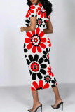 Red Street Geometric Print Patchwork O Neck Wrapped Skirt Dresses