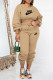 Khaki Casual Letter Print Lace Up O Neck Long Sleeve Two Pieces
